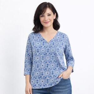 T-Shirt Top Blue Retro Daisy Floral Boho Casual Vacation Resort Office Size PS